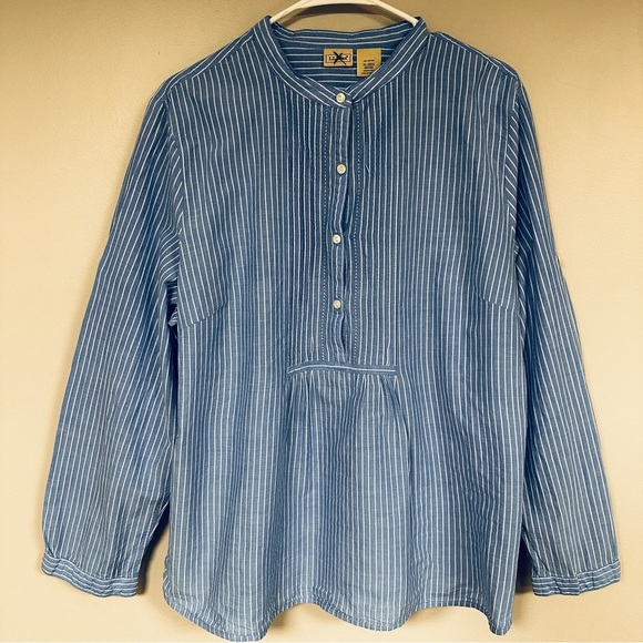 L.L. Bean Tops - L.L. Bean Blue and White Striped Roll Tab Sleeve Cotton, Gathered Shirt, XL